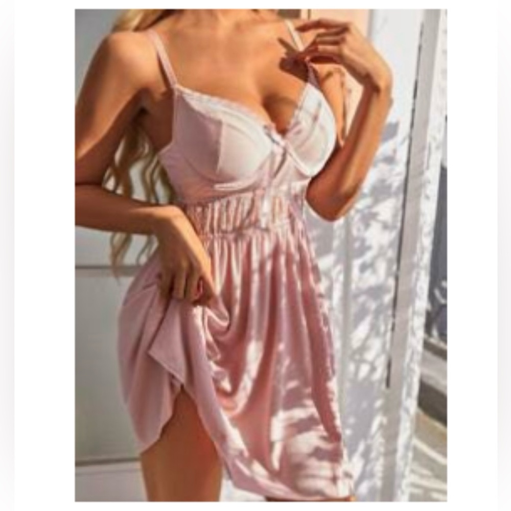 Women pink lace sexy lingerie babydoll nightgown - small